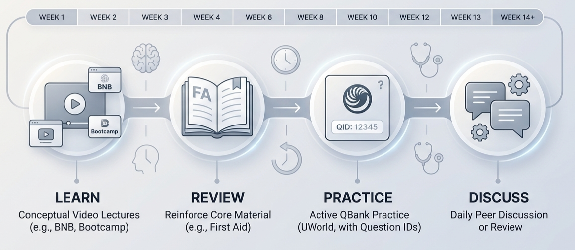 USMLEOrbit Learning Cycle: Learn, Review, Practice, Discuss